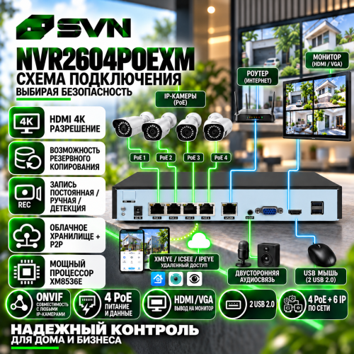Видеорегистратор IP SVN-NVR2604POEXM - Регистратор POE XMEYE, Регистратор POE ICSee, Регистратор POE IPEYE